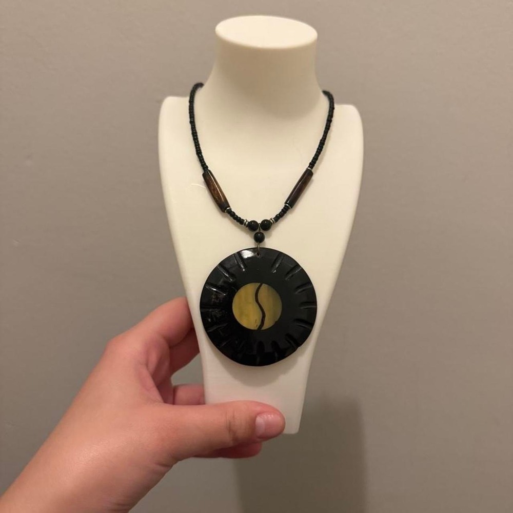 Black Beaded Statement Necklace Large Round Geometric Pendant Boho Tribal Style